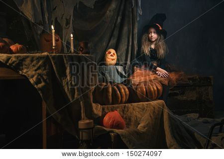 small girl in witch costume sit in helloween decoratios