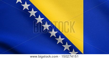 Bosnian and Herzegovinian national official flag. Patriotic symbol banner element background. Correct size colors. Flag of Bosnia and Herzegovina waving in the wind with detailed fabric texture, 3d illustration