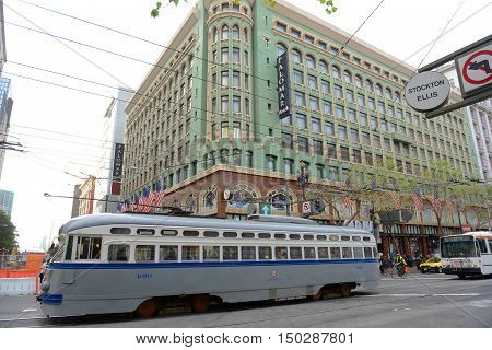 SAN FRANCISCO - MAR. 14, 2014: F-line Antique PCC streetcar No.1070 Newark (New Jersey) in the Financial District in San Francisco, California, USA.