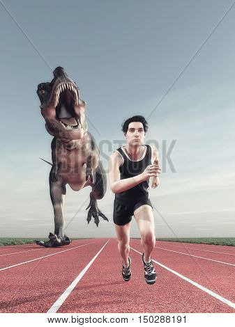 An athlete and a dinosaur running on a running track. This is a 3d render illustration