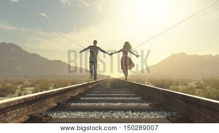 The young couple walking on a railway track. This is a 3d render illustration