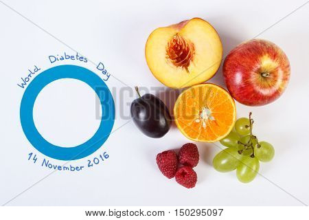 Symbol Of World Diabetes Day And Fresh Fruits On White Background