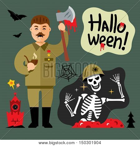 Dead man with an ax and skeleton soldier. Isolated on a color Background