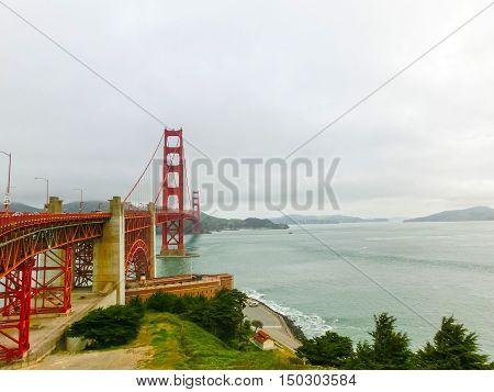 The gate bridge over sea in a fog in San Francisco
