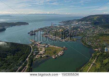Avacha Bay and Petropavlovsk-Kamchatsky on the southeastern coast of Kamchatka Peninsula. View from the helicopter.