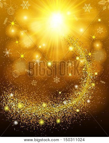 Abstract gold background. Gold star Lola up and crumbly tail sparkling sequins. Design template invitation holiday new year Christmas. Fashionable modern vector illustration.