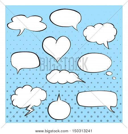 Hand-drawn speech bubbles template. Collection of comic style speak icons. Blank empty white speak bubbles. Set of cloud oval rectangle and jagged shape contours. Abstract isolated vector Illustration.