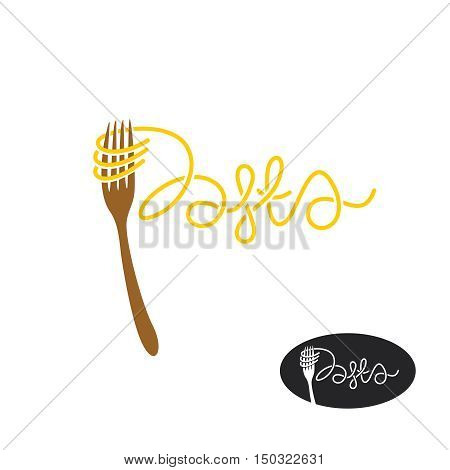 Pasta and fork logo. Elegant pasta word with fork.