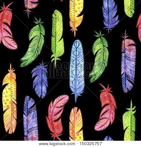 seamless pattern with watercolor drawing feathers, ornate color plumelet at black background, colored ornament, hand drawn background