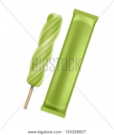 Vector Green Kiwi Spiral Popsicle Lollipop Ice Cream Fruit Juice Ice on Stick with Green Plastic Foil Wrapper for Branding Package Design Close up Isolated on Background.