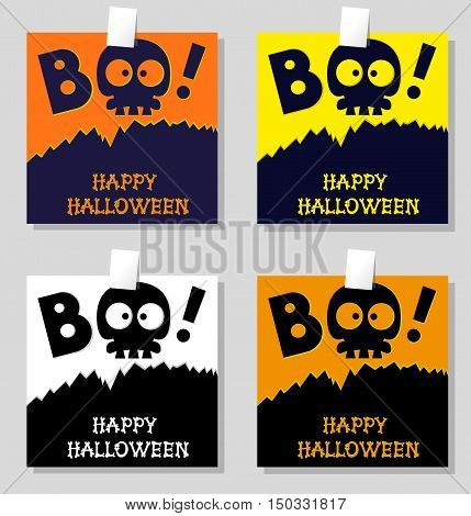 Set of funny holiday banner: title Boo from slull sleleton and Happy Halloween from bones letters. Vector illustration in cartoon style. Concept design poster flyer or ticket on party.