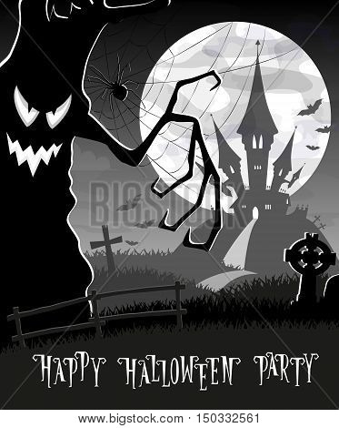 Halloween background. Monsters trees on old cemetery backdrop on scary cactle moon bats and graves. Design for banner poster flyer cards or invites on party. Cartoon style. Vector illustration