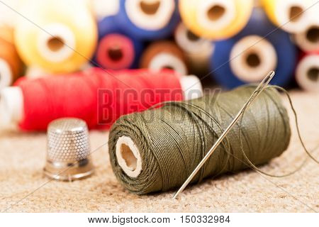 detail of sewing kit in the workroom