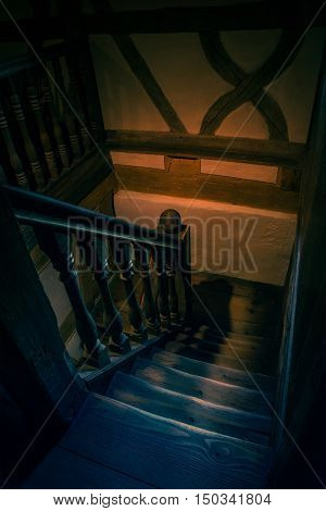 Interior capture of wooden steps in an old house