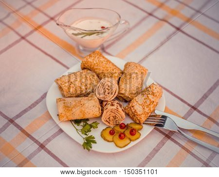 Tasty pancakes with meat on white plate closeup. Crepes stuffed with finely cut meat.