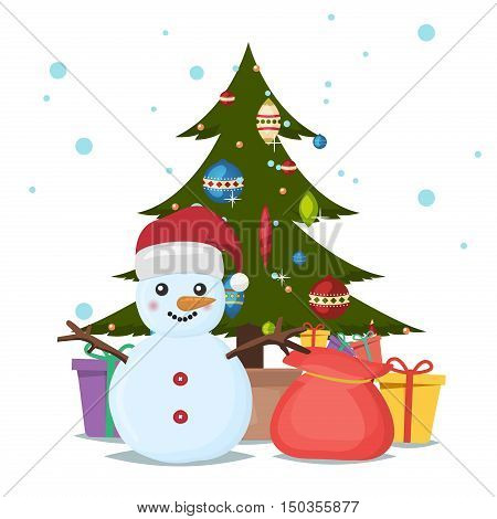 Vector illustration of decorated Christmas tree festive gift. Celebration party winter Christmas tree traditional shiny present. Seasonal decorative green Christmas tree holiday decoration.