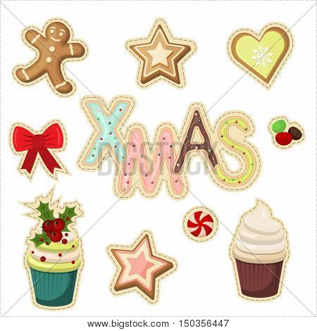set of christmas stickers vector. Winter symbol cute cartoon merry christmas stickers set. Holiday christmas stickers greeting sweets and cookies labelel ement. Icons set of Xmas and winter holidays.