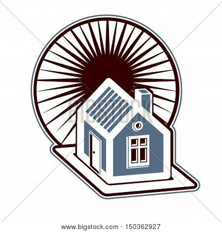 Real Estate Concept. Illustration Of House On Sunset Background, Vector Design Element. Simple House