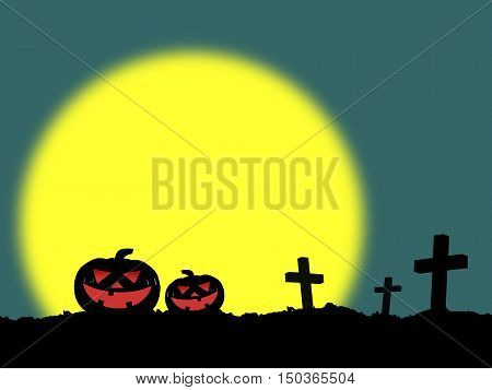 silhouette three cross on grave hill and two jack o lantern pumpkin in cemetery with glowing yellow full moon on dark green background, graphic illustration cartoon for halloween night party poster