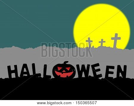 silhouette of word halloween sign with jack o lantern pumpkin on hill and three cross on gray mountain with yellow full moon glowing on green background, illustration for halloween poster decoration
