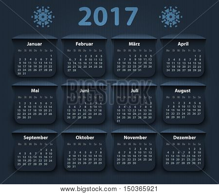 Calendar 2017 year German. Week starting on Monday. eps