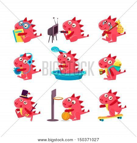 Red Dragon Everyday Business. Set Of Silly Childish Drawings Isolated On White Background. Funny Fantastic Animal Colorful Vector Stickers Set.