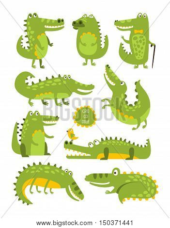 Crocodile Cute Character In Different Poses Childish Stickers. Animal Funny Stylized Character Flt Vector Illustration Set On White Background.