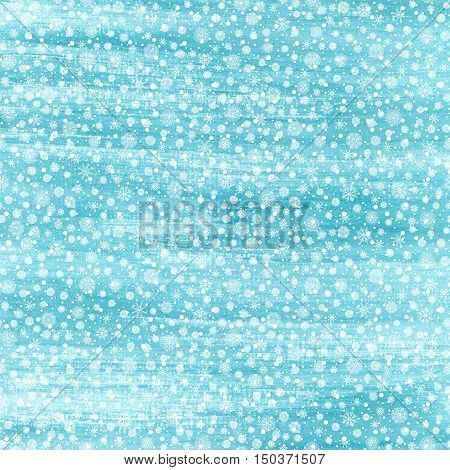 Christmas and Happy New Year background. Hand drawn turquoise blue watercolor abstract texture with snowflakes. Falling snow raster holiday backdrop for card.