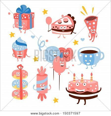 Child Birthday Party Sweets And Attributes. Girly Colors Stylized Smiling Characters With Celebration Decorations. Flat Vector Stickers On White Background.