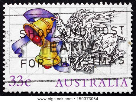 AUSTRALIA - CIRCA 1985: a stamp printed in Australia shows Angel with Bells Christmas Illustration by Scott Hartshorne circa 1985