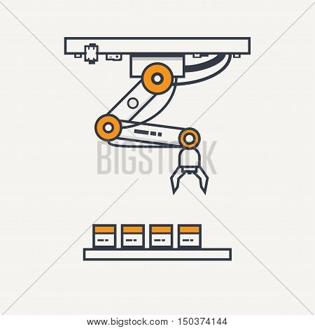 Line pixel style classic robotic arm from factory with transporter and small objects.