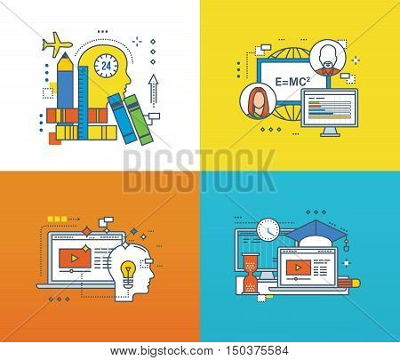 Concept of modern education and success in learning, online learning technology and the process of thinking, working and space for learning. Color Line icons collection.
