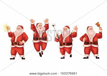 Set of Santa Claus cartoon style vector illustrations isolated on white background. Santa Claus jumping, ringing a bell, making selfie and drinking beer, Christmas decoration element