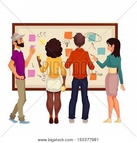 Young creative business people brainstorming ideas at the board, sketch style illustration. Multiethnic group of young people hold a brainstorm standing at the board and using sticky notes