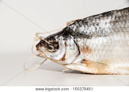 Dried fish on the table. Salty dry river fish. Dead dry salty fish - snack to beer. Isolated on white. garland of salted and dried fish. dried fish hanging on a line closeup. Dry fish on a wooden background. dried fish ha