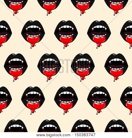 Pattern of vampire woman mouth woman mouth with blood on lower lip. Halloween vector illustration