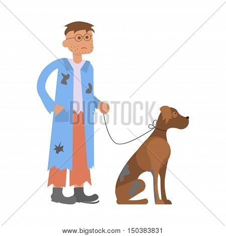Tramp person. Hungry man with homeless dog in dirty rags. Isolated character bum for infographic. Vector illustration eps10