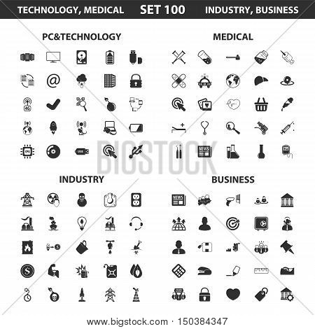 Pc, technology set 100 black simple icons. Medical, industry, business icon design for web and mobile device.