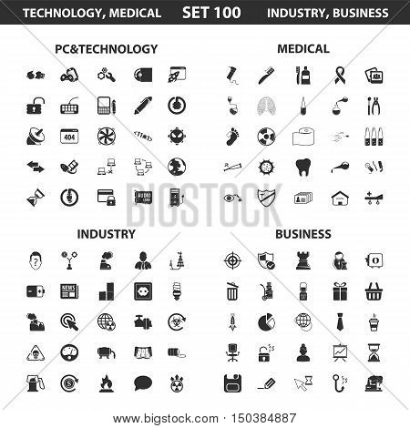 Pc, technology set 100 black simple icons. Medical, industry, business icon design for web and mobile device.