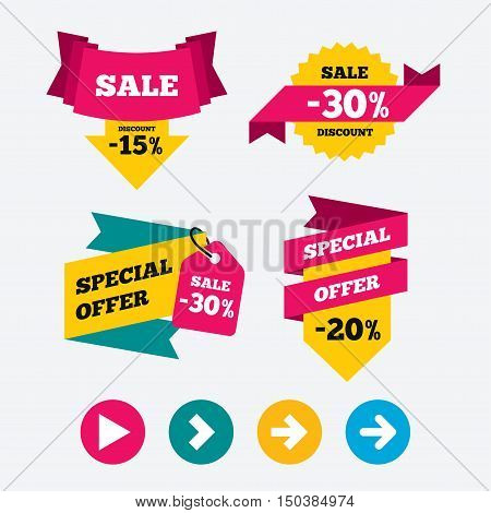Arrow icons. Next navigation arrowhead signs. Direction symbols. Web stickers, banners and labels. Sale discount tags. Special offer signs. Vector