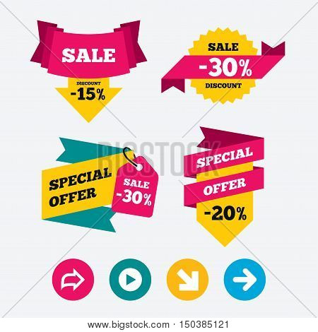 Arrow icons. Next navigation arrowhead signs. Direction symbols. Web stickers, banners and labels. Sale discount tags. Special offer signs. Vector