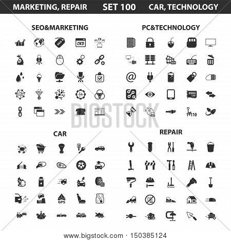 Seo, marketing set 100 black simple icons.Pc, technology, car, repair icon design for web and mobile device.