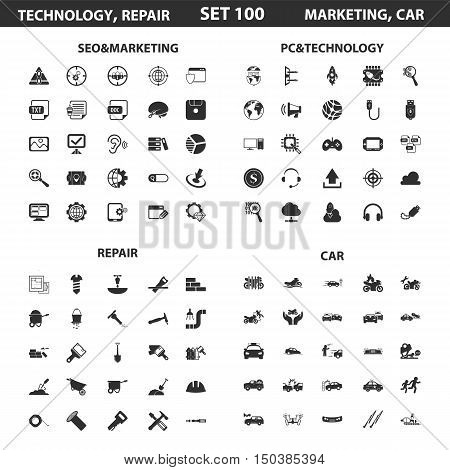 Seo, marketing set 100 black simple icons.Pc, technology, car, repair icon design for web and mobile device.
