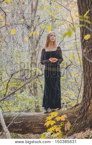 Blond long-haired girl in a fantasy black dress in an autumn forest scary halloween fairy tale
