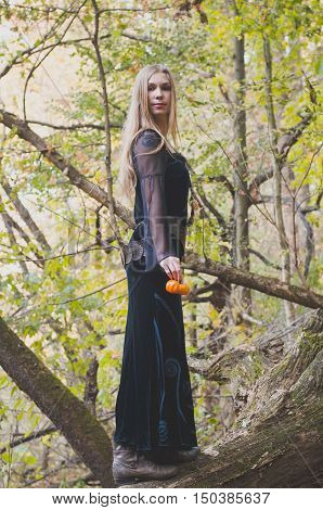 Blond long-haired girl in a fantasy black dress in an autumn forest scary halloween fairy tale