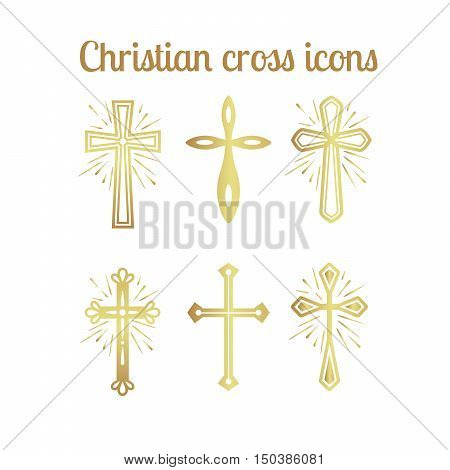 Golden christian cross icons isolated set. Vector illustration