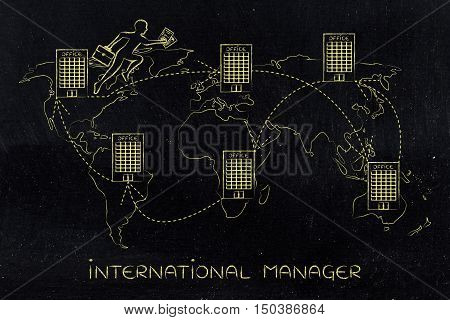 concept of establishing a multinational company or working abroad: business man jumpying from one office to another on map of the world