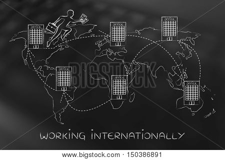 Business Man Jumpying Between Offices On Map Of The World