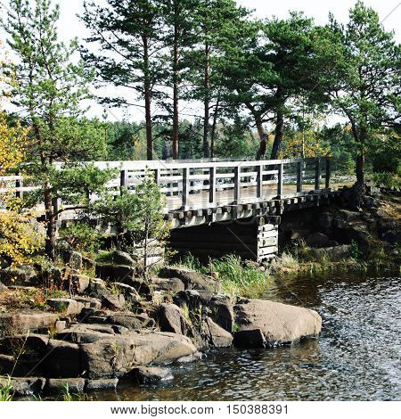Pedestrian Timber Bridge On The Valaam Island.
