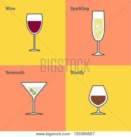 Vector icon set of glass goblets. Flat thin line design. Wine sparkling wine vermouth and brandy
